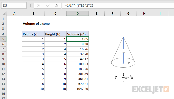 Volume Of A Cone Excel Formula Exceljet